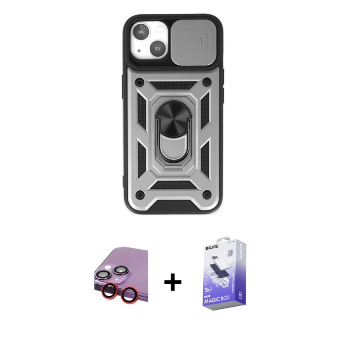 MARSİLYAN™- iPhone 14 Kılıf Ahenk Klasik - Siyah Bilvis 5in1 5D Magic Hayalet Cam Ekran Koruyucu + Raze Metal Kamera Lens - KI