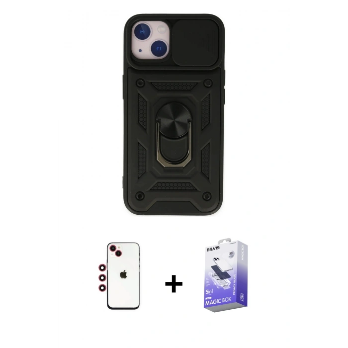 MARSİLYAN™- iPhone 14 Kılıf Ahenk Klasik - Siyah Bilvis 5in1 5D Magic Hayalet Cam Ekran Koruyucu + Shine Kamera Lens - KI