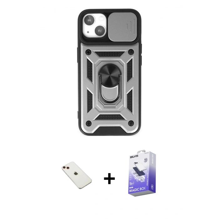 MARSİLYAN™- iPhone 14 Kılıf Ahenk Klasik - Siyah Bilvis 5in1 5D Magic Hayalet Cam Ekran Koruyucu + Kırmızı Diamond Kamera Lens