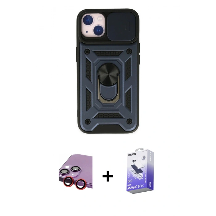 MARSİLYAN™- iPhone 14 Kılıf Ahenk Klasik - Siyah Bilvis 5in1 5D Magic Hayalet Cam Ekran Koruyucu + Raze Metal Kamera Lens - KI