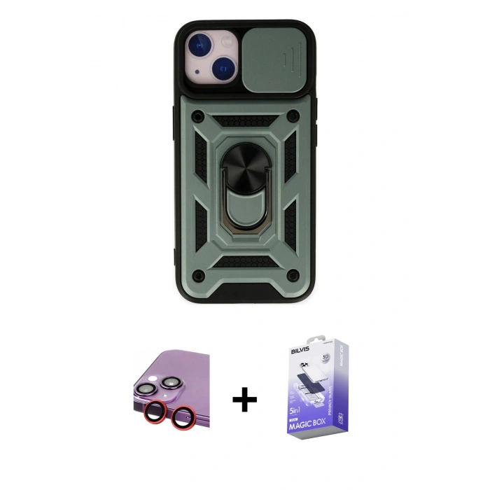MARSİLYAN™- iPhone 14 Kılıf Ahenk Klasik - Siyah Bilvis 5in1 5D Magic Hayalet Cam Ekran Koruyucu + Raze Metal Kamera Lens - KI