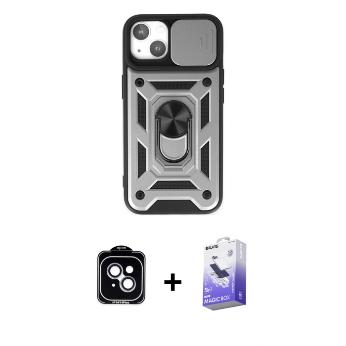 MARSİLYAN™- iPhone 14 Kılıf Ahenk Klasik - Siyah Bilvis 5in1 5D Magic Hayalet Cam Ekran Koruyucu + PVD Metal Kamera Lens - MI