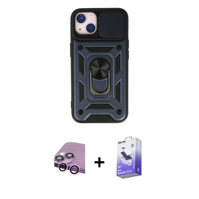 MARSİLYAN™- iPhone 14 Kılıf Ahenk Klasik - Siyah Bilvis 5in1 5D Magic Hayalet Cam Ekran Koruyucu + Raze Metal Kamera Lens - MR
