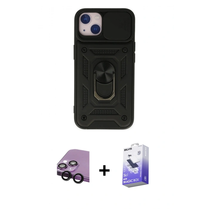 MARSİLYAN™- iPhone 14 Kılıf Ahenk Klasik - Siyah Bilvis 5in1 5D Magic Hayalet Cam Ekran Koruyucu + Raze Metal Kamera Lens - SH