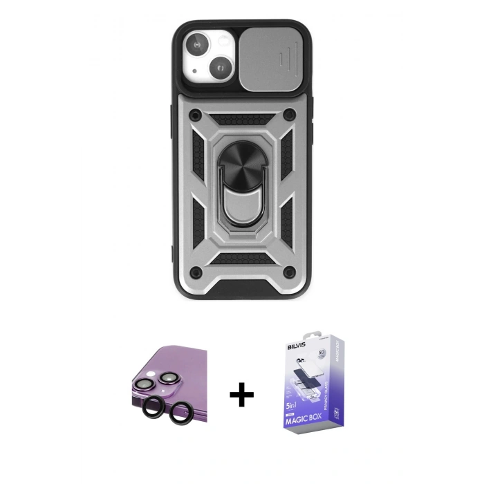 MARSİLYAN™- iPhone 14 Kılıf Ahenk Klasik - Siyah Bilvis 5in1 5D Magic Hayalet Cam Ekran Koruyucu + Raze Metal Kamera Lens - SH