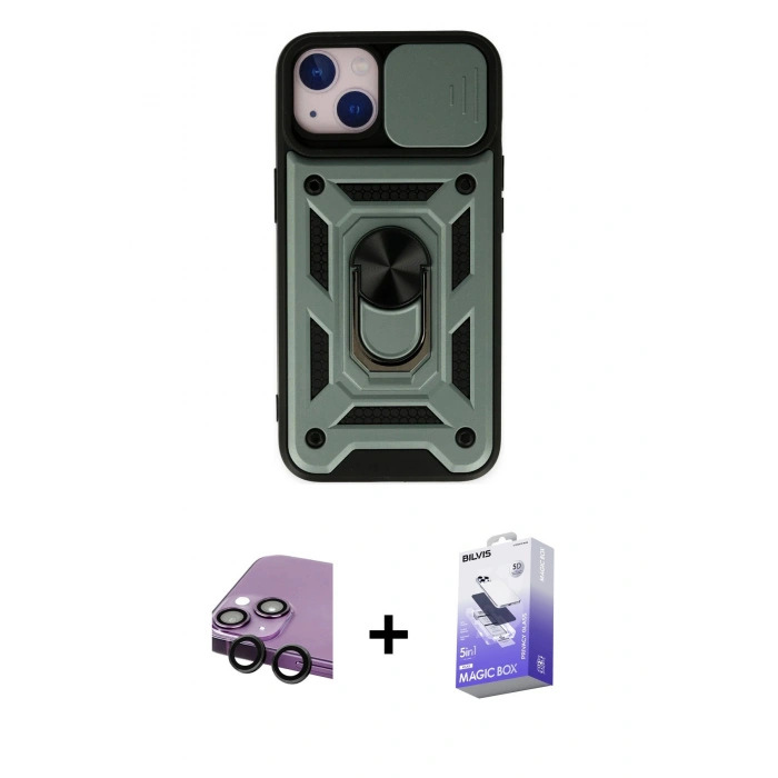 MARSİLYAN™- iPhone 14 Kılıf Ahenk Klasik - Siyah Bilvis 5in1 5D Magic Hayalet Cam Ekran Koruyucu + Raze Metal Kamera Lens - SH