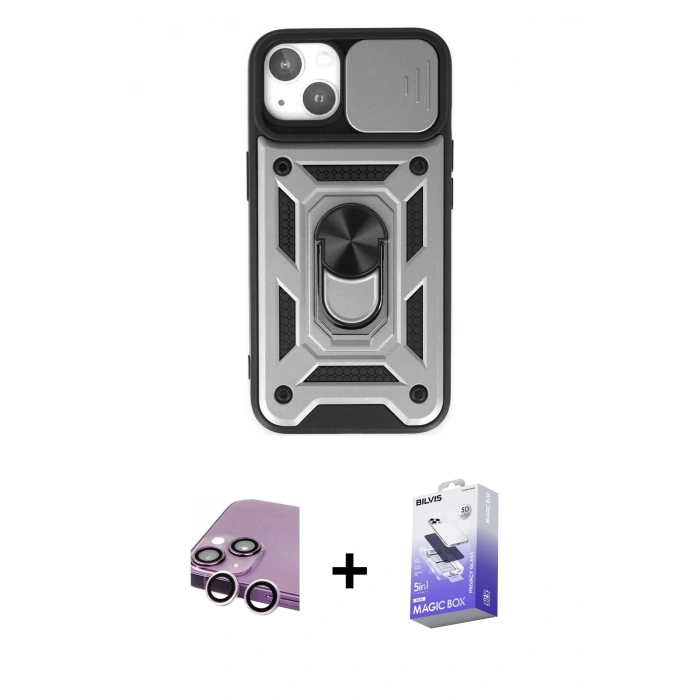 MARSİLYAN™- iPhone 14 Kılıf Ahenk Klasik - Siyah Bilvis 5in1 5D Magic Hayalet Cam Ekran Koruyucu + Raze Metal Kamera Lens - MR