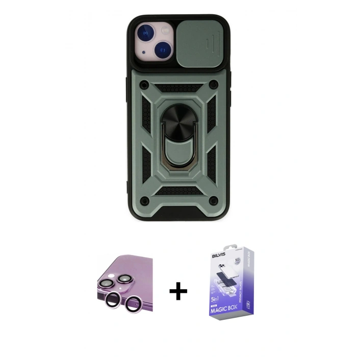 MARSİLYAN™- iPhone 14 Kılıf Ahenk Klasik - Siyah Bilvis 5in1 5D Magic Hayalet Cam Ekran Koruyucu + Raze Metal Kamera Lens - MR