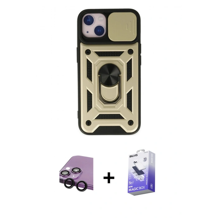 MARSİLYAN™- iPhone 14 Kılıf Ahenk Klasik - Siyah Bilvis 5in1 5D Magic Hayalet Cam Ekran Koruyucu + Raze Metal Kamera Lens - SH