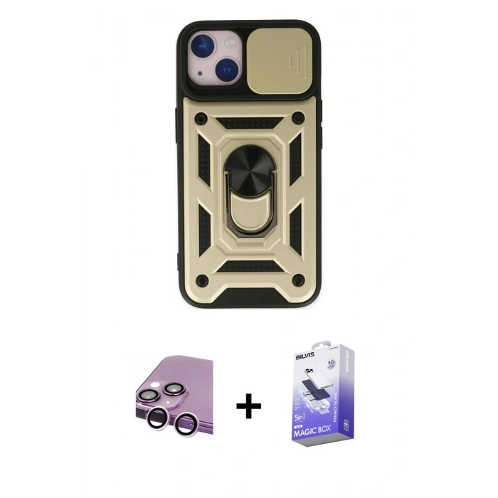 MARSİLYAN™- iPhone 14 Kılıf Ahenk Klasik - Siyah Bilvis 5in1 5D Magic Hayalet Cam Ekran Koruyucu + Raze Metal Kamera Lens - MR