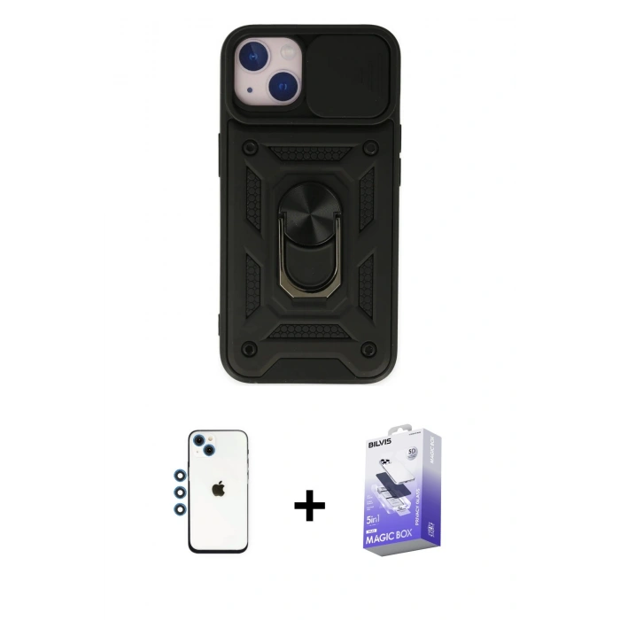 MARSİLYAN™- iPhone 14 Kılıf Ahenk Klasik - Siyah Bilvis 5in1 5D Magic Hayalet Cam Ekran Koruyucu + Shine Kamera Lens - MI