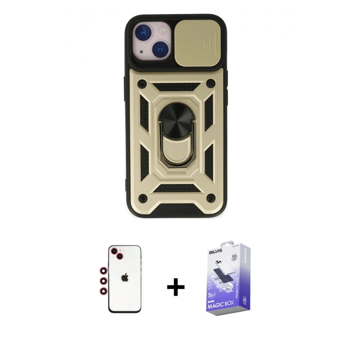 MARSİLYAN™- iPhone 14 Kılıf Ahenk Klasik - Siyah Bilvis 5in1 5D Magic Hayalet Cam Ekran Koruyucu + Shine Kamera Lens - KI