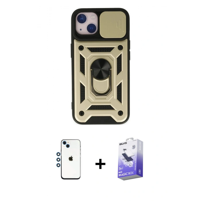 MARSİLYAN™- iPhone 14 Kılıf Ahenk Klasik - Siyah Bilvis 5in1 5D Magic Hayalet Cam Ekran Koruyucu + Shine Kamera Lens - MI