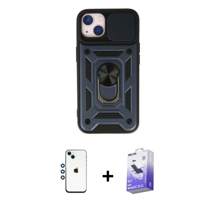 MARSİLYAN™- iPhone 14 Kılıf Ahenk Klasik - Siyah Bilvis 5in1 5D Magic Hayalet Cam Ekran Koruyucu + Shine Kamera Lens - MI