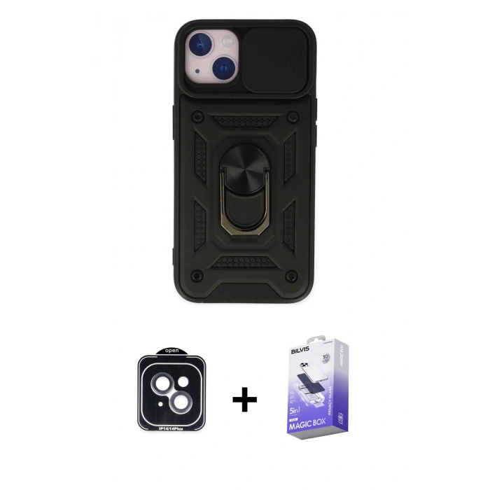MARSİLYAN™- iPhone 14 Kılıf Ahenk Klasik - Siyah Bilvis 5in1 5D Magic Hayalet Cam Ekran Koruyucu + Siyah PVD Metal Kamera Lens