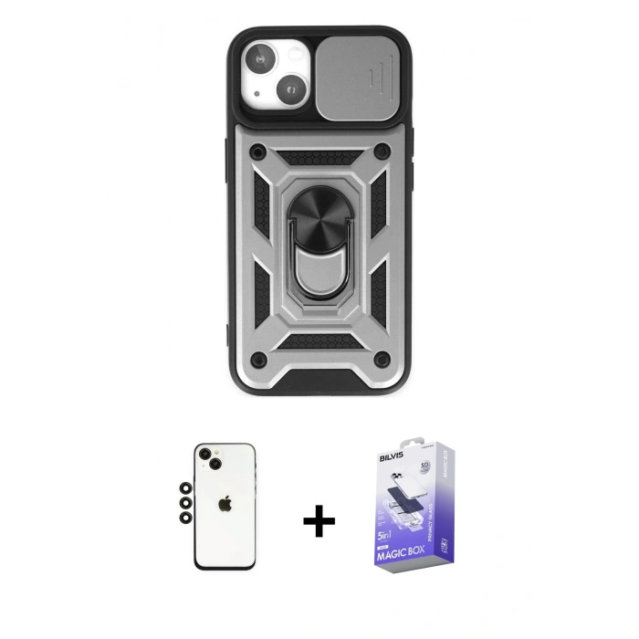 MARSİLYAN™- iPhone 14 Kılıf Ahenk Klasik - Siyah Bilvis 5in1 5D Magic Hayalet Cam Ekran Koruyucu + Shine Kamera Lens - SH