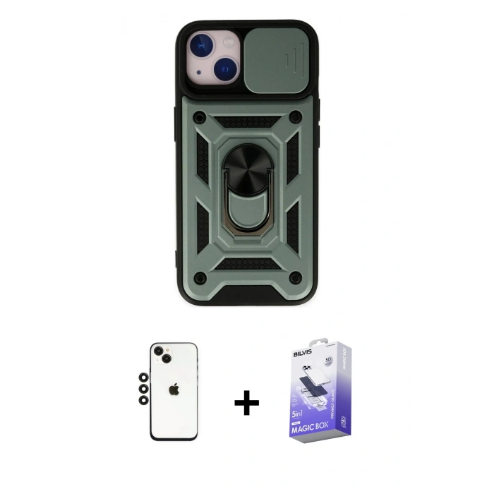 MARSİLYAN™- iPhone 14 Kılıf Ahenk Klasik - Siyah Bilvis 5in1 5D Magic Hayalet Cam Ekran Koruyucu + Shine Kamera Lens - SH