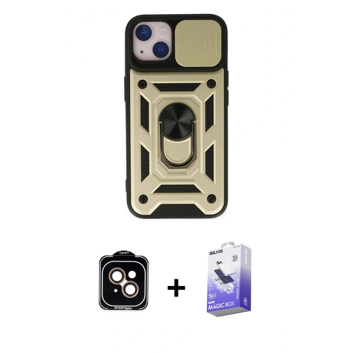 MARSİLYAN™- iPhone 14 Kılıf Ahenk Klasik - Siyah Bilvis 5in1 5D Magic Hayalet Cam Ekran Koruyucu + Turuncu PVD Metal Kamera Lens