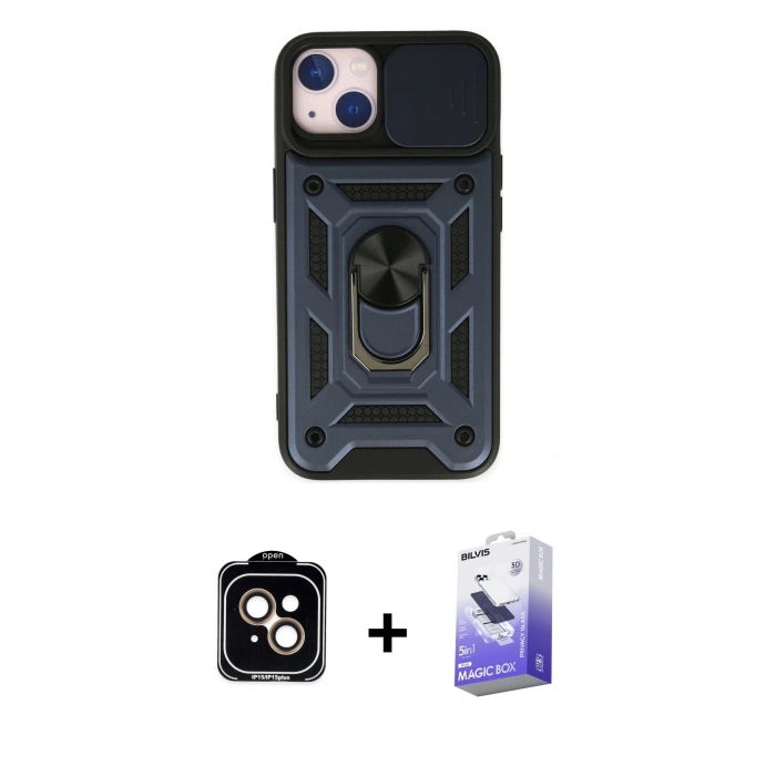 MARSİLYAN™- iPhone 14 Kılıf Ahenk Klasik - Siyah Bilvis 5in1 5D Magic Hayalet Cam Ekran Koruyucu + Turuncu PVD Metal Kamera Lens