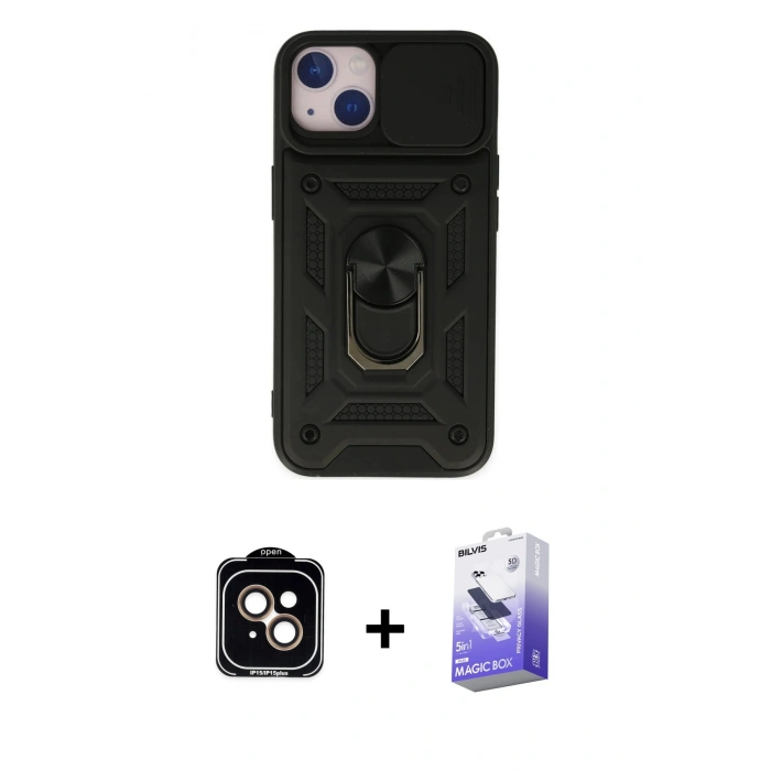 MARSİLYAN™- iPhone 14 Kılıf Ahenk Klasik - Siyah Bilvis 5in1 5D Magic Hayalet Cam Ekran Koruyucu + Turuncu PVD Metal Kamera Lens