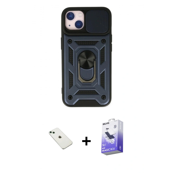 MARSİLYAN™- iPhone 14 Kılıf Ahenk Klasik - Siyah Bilvis 5in1 5D Magic Hayalet Cam Ekran Koruyucu + Yeşil Diamond Kamera Lens