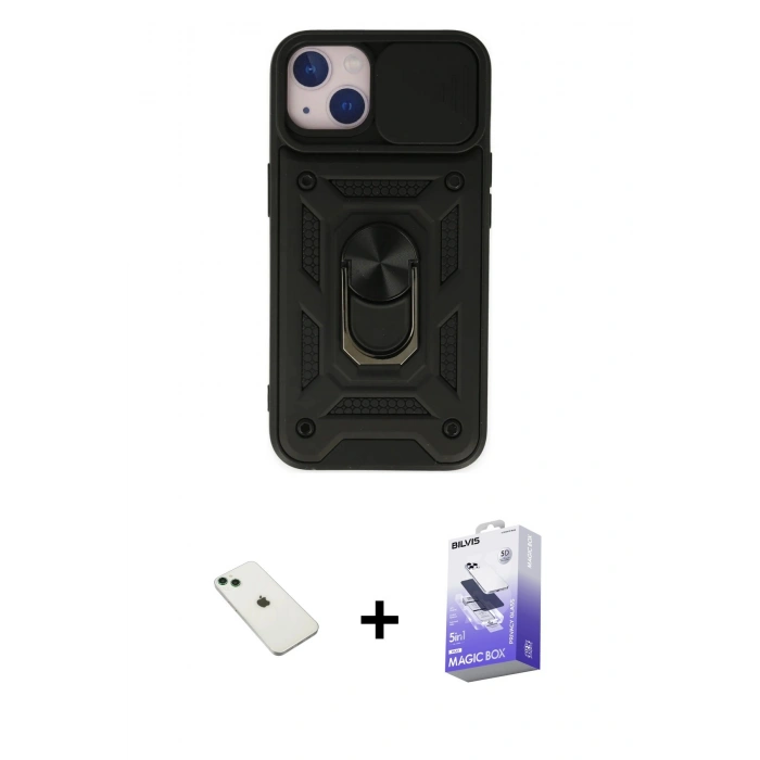 MARSİLYAN™- iPhone 14 Kılıf Ahenk Klasik - Siyah Bilvis 5in1 5D Magic Hayalet Cam Ekran Koruyucu + Yeşil Diamond Kamera Lens