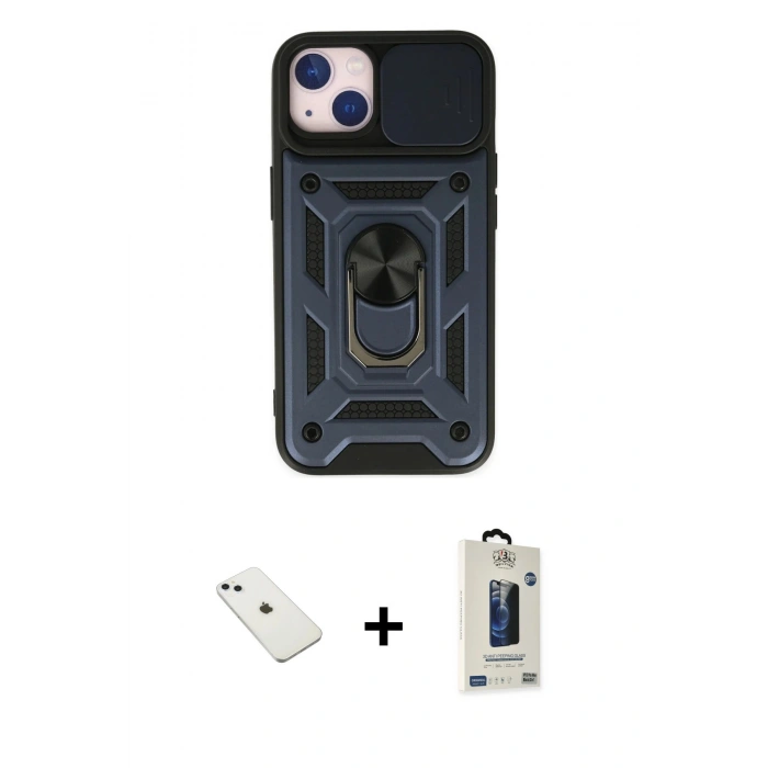 MARSİLYAN™- iPhone 14 Kılıf Ahenk Klasik - Siyah Bilvis Hayalet Cam Ekran Koruyucu + Diamond Kamera Lens - SABE