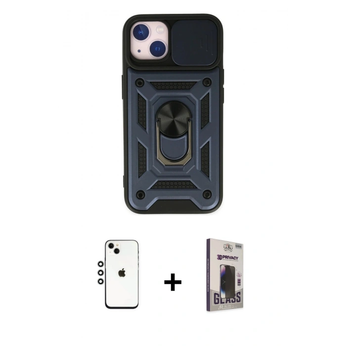 MARSİLYAN™- iPhone 14 Kılıf Ahenk Klasik - Siyah Bilvis Hayalet Cam Ekran Koruyucu + Shine Kamera Lens - GS