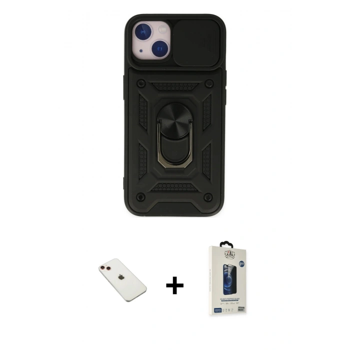 MARSİLYAN™- iPhone 14 Kılıf Ahenk Klasik - Siyah Bilvis Hayalet Cam Ekran Koruyucu + Diamond Kamera Lens - KI