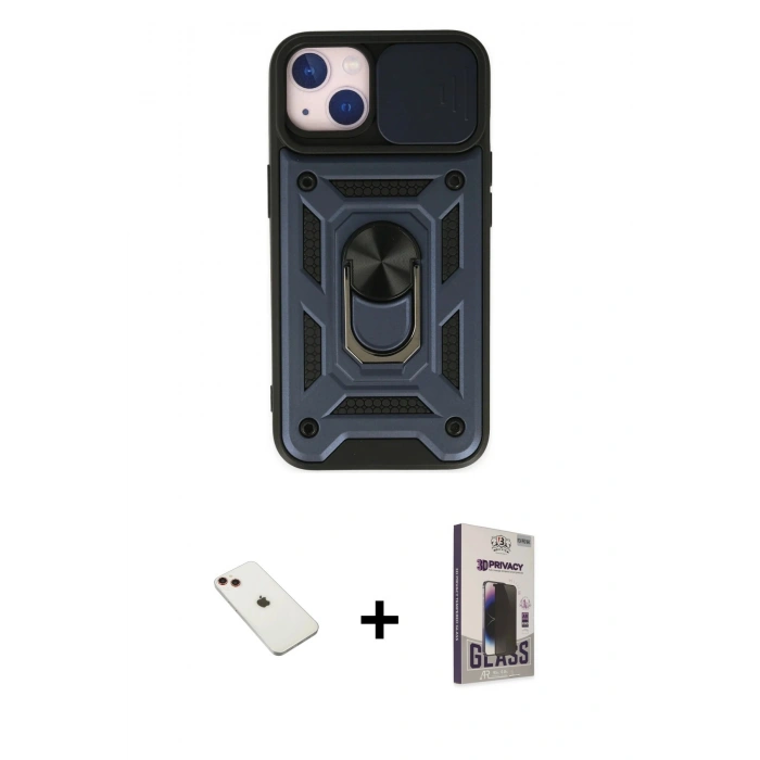 MARSİLYAN™- iPhone 14 Kılıf Ahenk Klasik - Siyah Bilvis Hayalet Cam Ekran Koruyucu + Diamond Kamera Lens - KI