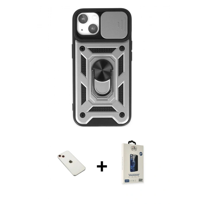 MARSİLYAN™- iPhone 14 Kılıf Ahenk Klasik - Siyah Bilvis Hayalet Cam Ekran Koruyucu + Diamond Kamera Lens - KI