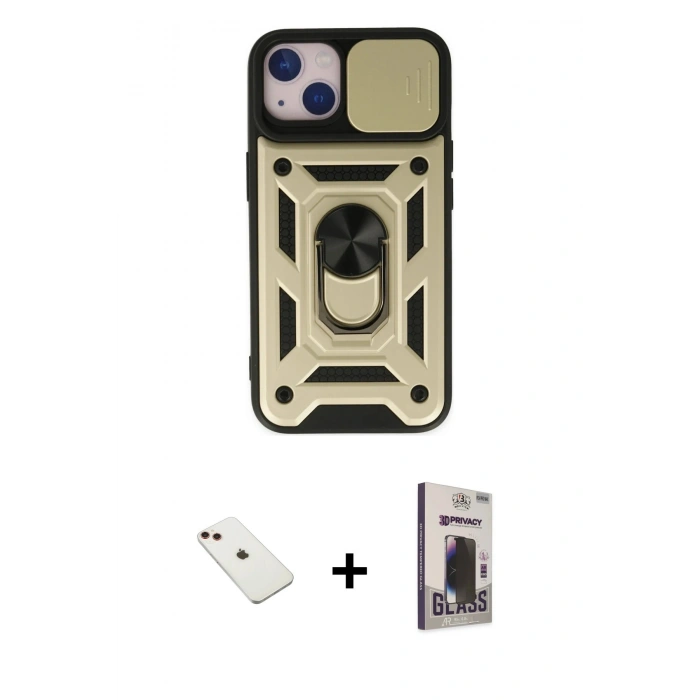 MARSİLYAN™- iPhone 14 Kılıf Ahenk Klasik - Siyah Bilvis Hayalet Cam Ekran Koruyucu + Diamond Kamera Lens - KI