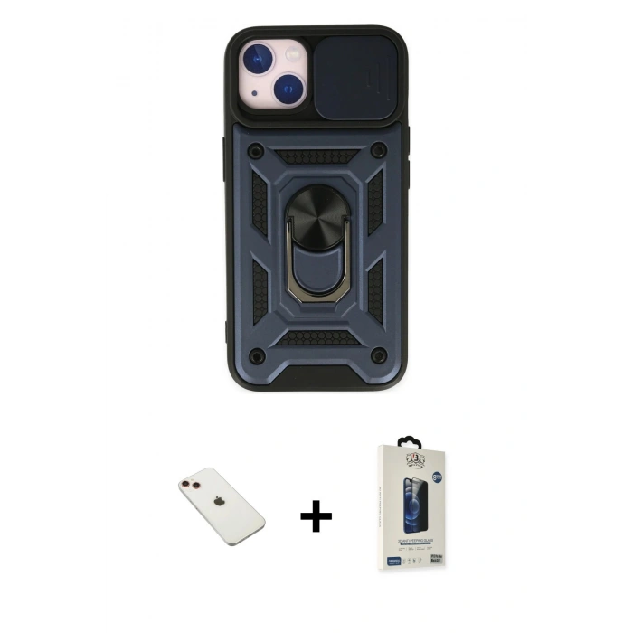 MARSİLYAN™- iPhone 14 Kılıf Ahenk Klasik - Siyah Bilvis Hayalet Cam Ekran Koruyucu + Diamond Kamera Lens - KI