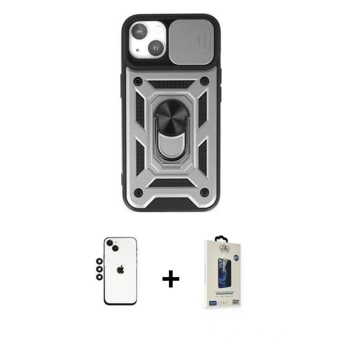 MARSİLYAN™- iPhone 14 Kılıf Ahenk Klasik - Siyah Bilvis Hayalet Cam Ekran Koruyucu + Shine Kamera Lens - SH