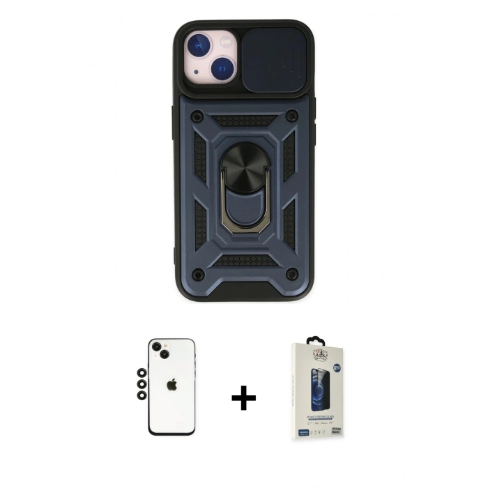 MARSİLYAN™- iPhone 14 Kılıf Ahenk Klasik - Siyah Bilvis Hayalet Cam Ekran Koruyucu + Shine Kamera Lens - SH