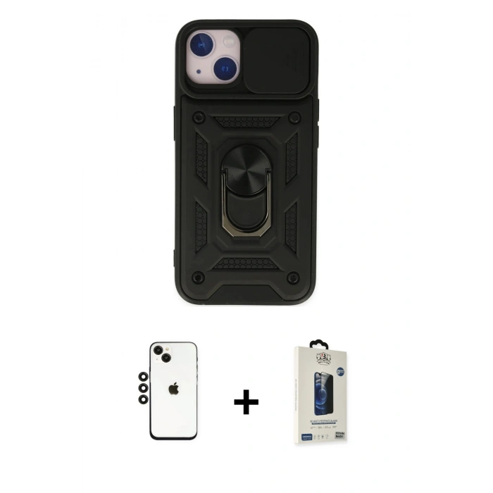 MARSİLYAN™- iPhone 14 Kılıf Ahenk Klasik - Siyah Bilvis Hayalet Cam Ekran Koruyucu + Shine Kamera Lens - SH