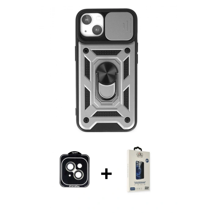 MARSİLYAN™- iPhone 14 Kılıf Ahenk Klasik - Siyah Bilvis Hayalet Cam Ekran Koruyucu + PVD Metal Kamera Lens - YL