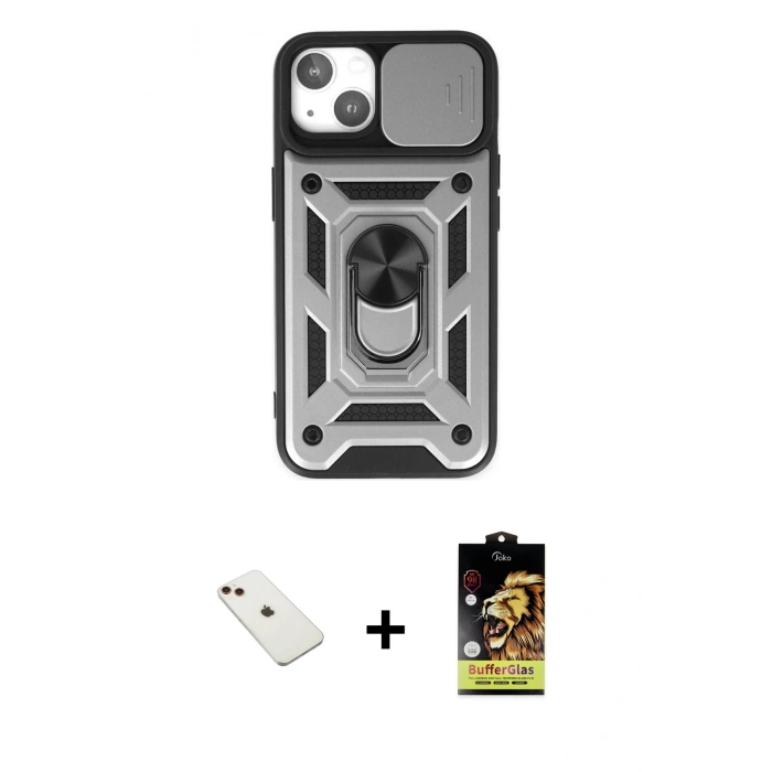 MARSİLYAN™- iPhone 14 Kılıf Ahenk Klasik - Siyah Buffer Cam Ekran Koruyucu + Diamond Kamera Lens - KI