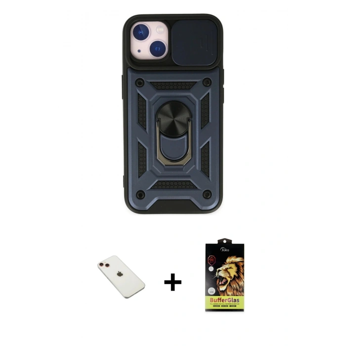 MARSİLYAN™- iPhone 14 Kılıf Ahenk Klasik - Siyah Buffer Cam Ekran Koruyucu + Diamond Kamera Lens - KI