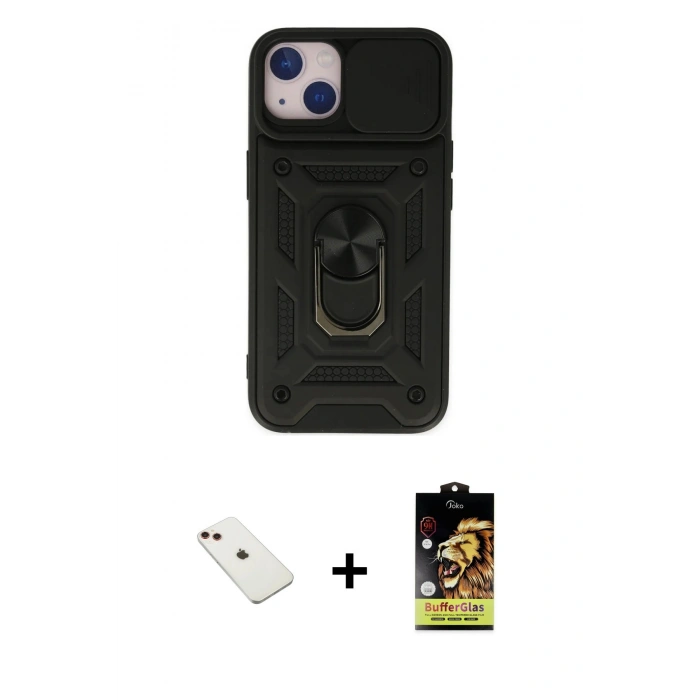 MARSİLYAN™- iPhone 14 Kılıf Ahenk Klasik - Siyah Buffer Cam Ekran Koruyucu + Diamond Kamera Lens - KI