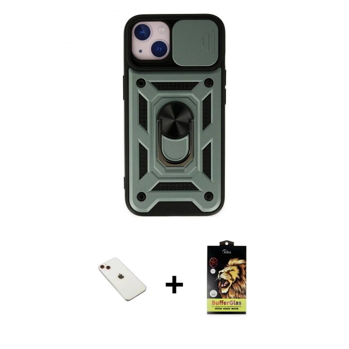 MARSİLYAN™- iPhone 14 Kılıf Ahenk Klasik - Siyah Buffer Cam Ekran Koruyucu + Diamond Kamera Lens - KI