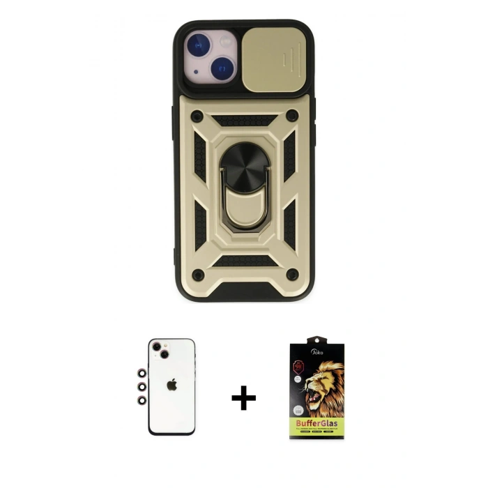 MARSİLYAN™- iPhone 14 Kılıf Ahenk Klasik - Siyah Buffer Cam Ekran Koruyucu + Gökkuşağı Shine Kamera Lens