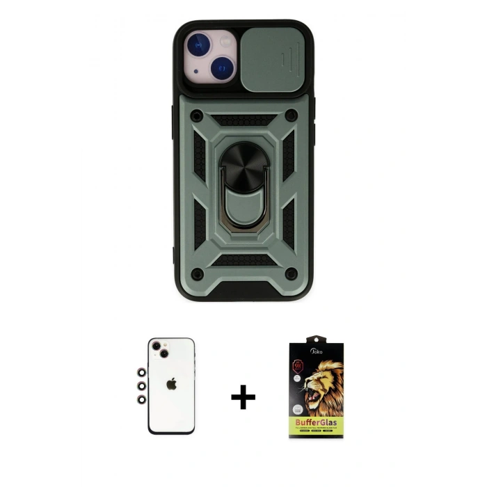 MARSİLYAN™- iPhone 14 Kılıf Ahenk Klasik - Siyah Buffer Cam Ekran Koruyucu + Gökkuşağı Shine Kamera Lens
