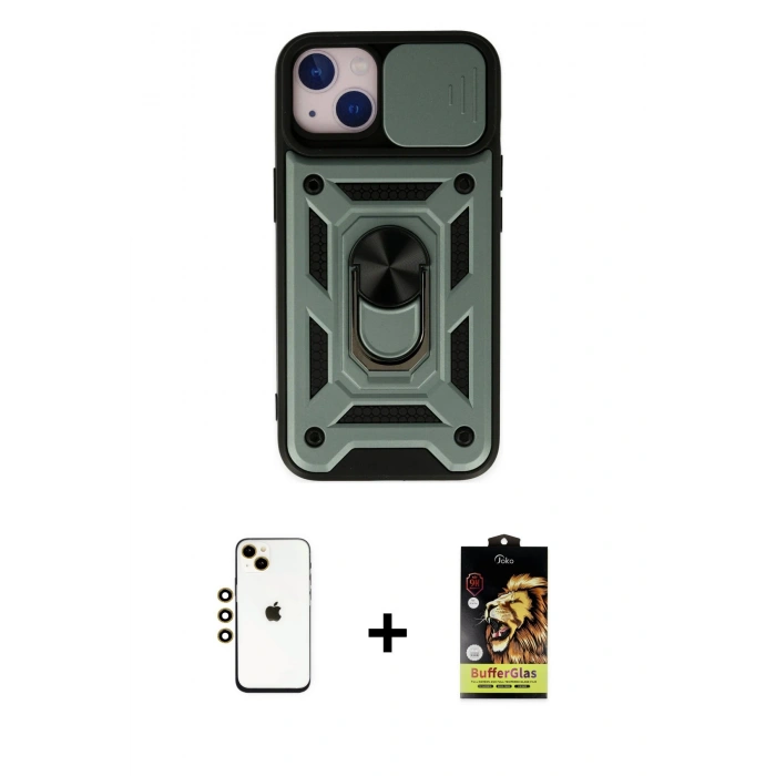 MARSİLYAN™- iPhone 14 Kılıf Ahenk Klasik - Siyah Buffer Cam Ekran Koruyucu + Gold Shine Kamera Lens