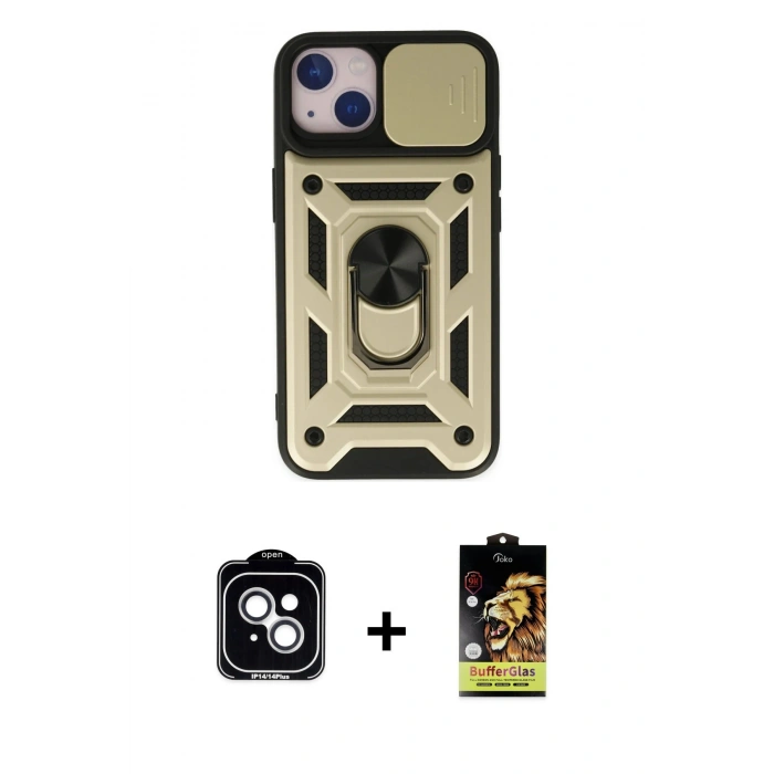 MARSİLYAN™- iPhone 14 Kılıf Ahenk Klasik - Siyah Buffer Cam Ekran Koruyucu + PVD Metal Kamera Lens - GS