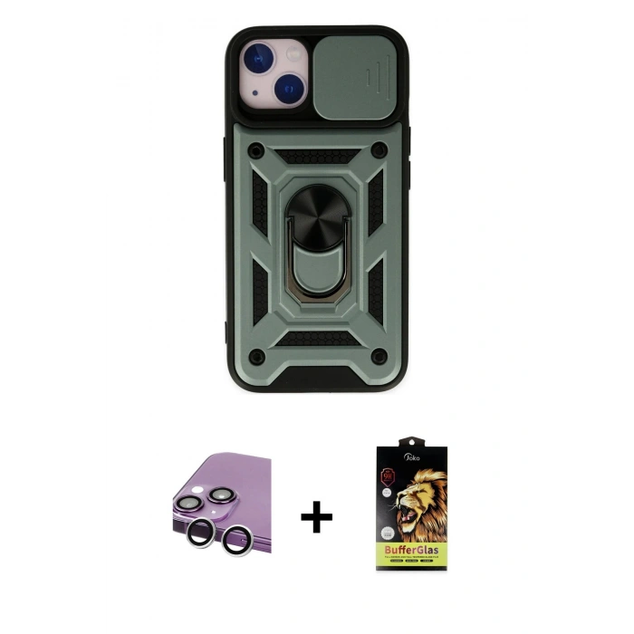 MARSİLYAN™- iPhone 14 Kılıf Ahenk Klasik - Siyah Buffer Cam Ekran Koruyucu + Raze Metal Kamera Lens - GS