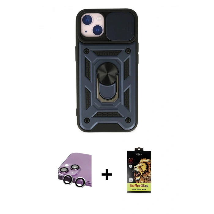 MARSİLYAN™- iPhone 14 Kılıf Ahenk Klasik - Siyah Buffer Cam Ekran Koruyucu + Raze Metal Kamera Lens - GS