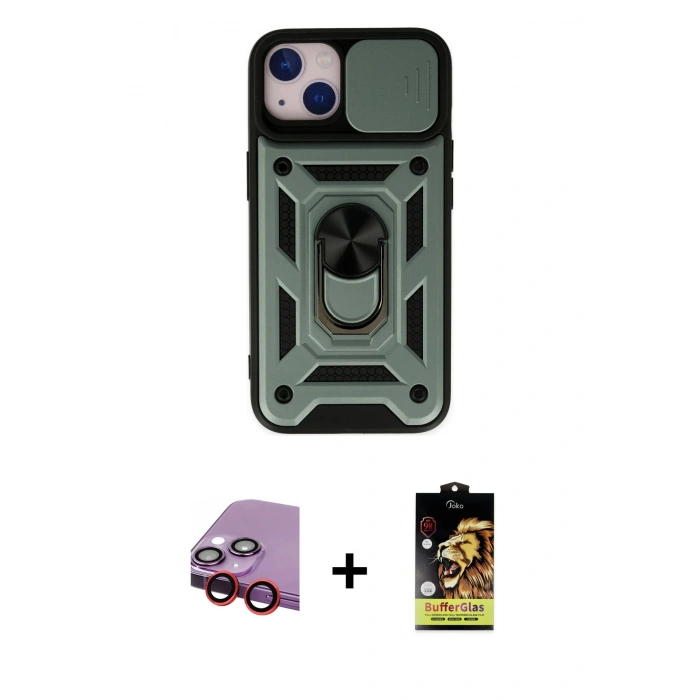 MARSİLYAN™- iPhone 14 Kılıf Ahenk Klasik - Siyah Buffer Cam Ekran Koruyucu + Raze Metal Kamera Lens - KI