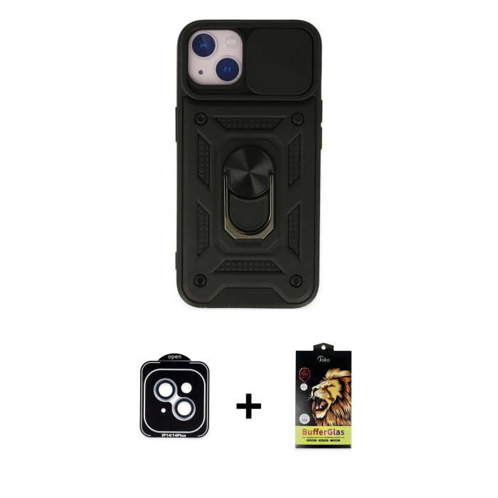 MARSİLYAN™- iPhone 14 Kılıf Ahenk Klasik - Siyah Buffer Cam Ekran Koruyucu + Mavi PVD Metal Kamera Lens
