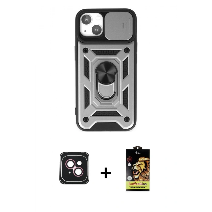 MARSİLYAN™- iPhone 14 Kılıf Ahenk Klasik - Siyah Buffer Cam Ekran Koruyucu + PVD Metal Kamera Lens - PE